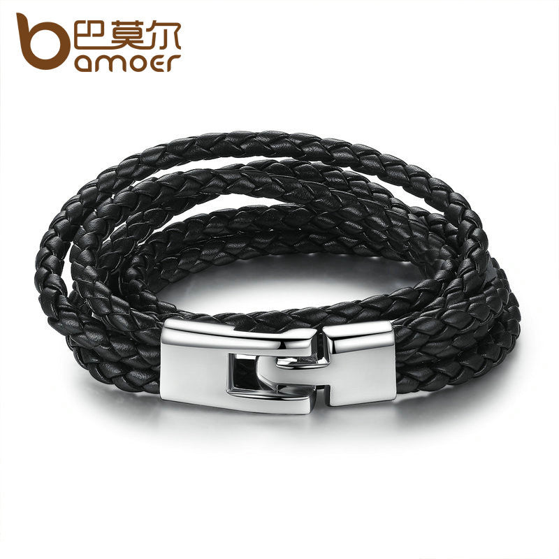 BAMOER Leather Bracelet Wide Retro Black & Brown Color PI0288