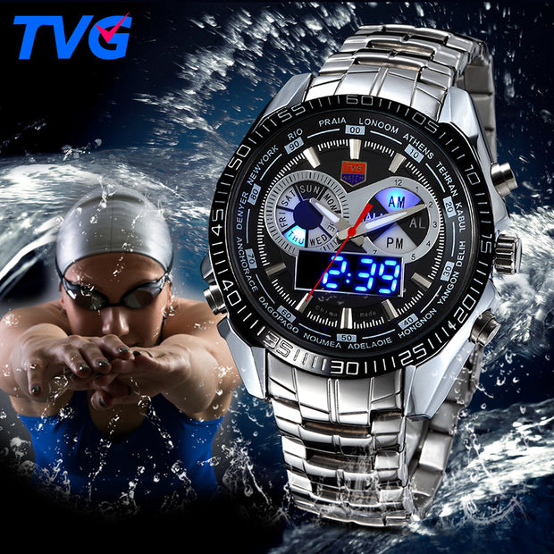 TVG Stainless Steel Digital Watch 3ATM Waterproof