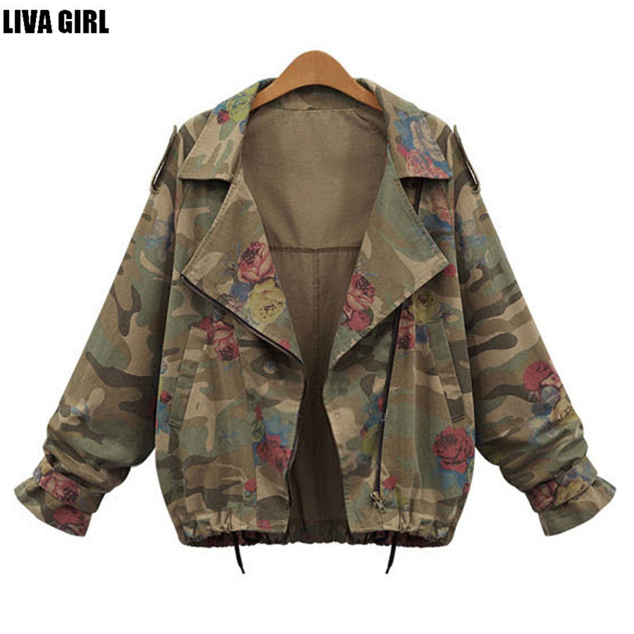 Camouflage Jacket Batwing Sleeved Zipper For Women