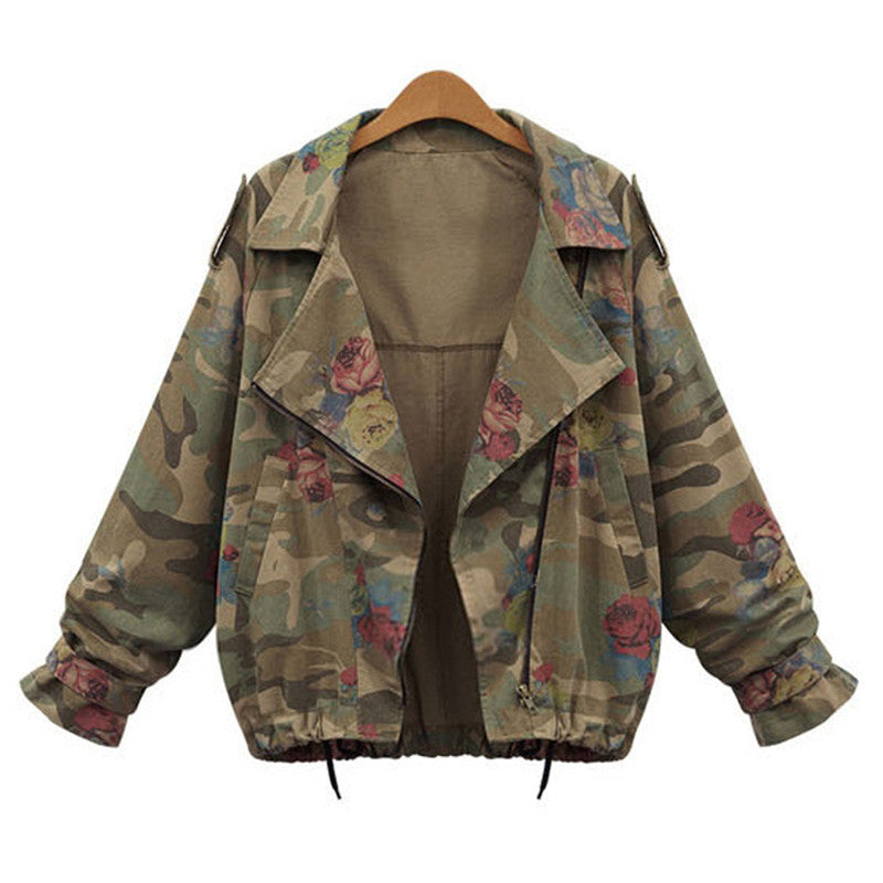 Camouflage Jacket Batwing Sleeved Zipper For Women