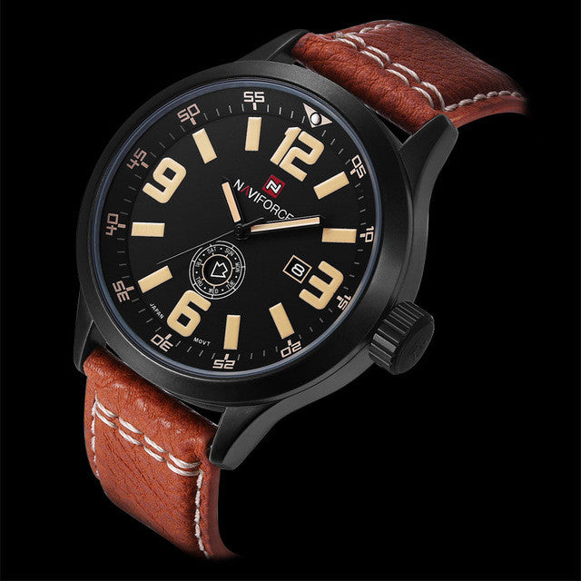 Naviforce Men Sports Casual Leather Strap Army Military Wrist Watch