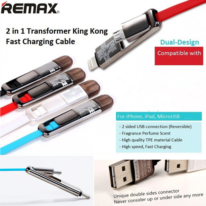 Remax 1m 5V/2.1A Micro usb 8pin 2 in 1 Charging Data Sync for iOS iPhone & Android Phone