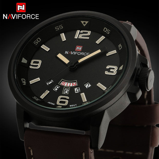 Naviforce Men's Leather Strap Military Army Waterproof Wristwatch