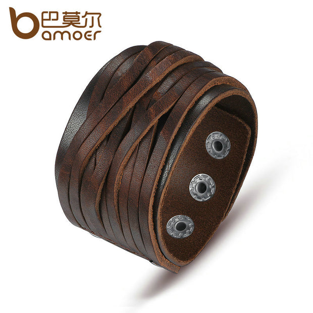 BAMOER Black & Brown Genuine Leather Bracelet PI0337-1